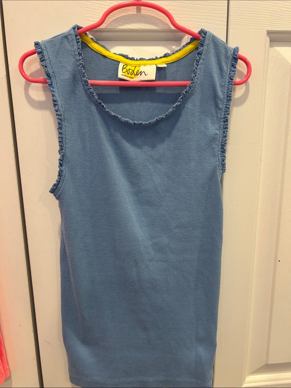Boden Light Blue Ribbed Sleeveless Tank with Yellow Trim